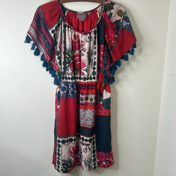 ANTHROPOLOGIE VANESSA VIRGINIA Persian Red Rose Patchwork Tassel Dress Size XS - Picture 3 of 16